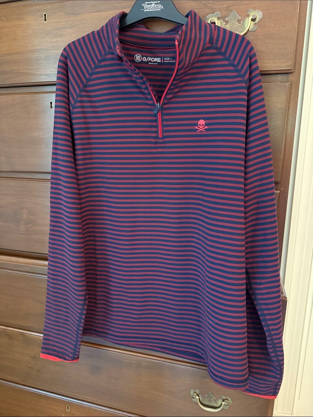 G/Fore Navy and Maroon Striped Quarter-Zip Pullover
